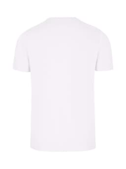 A white men's slim fit T-shirt with short sleeves and a plain back design. It features a logo.