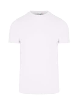 A plain white men's slim fit T-shirt with short sleeves and a logo on the label.