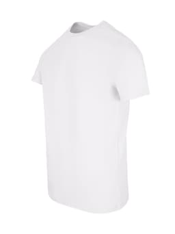 A plain white men's slim fit T-shirt, featuring short sleeves and a round neckline, with a logo on the side.
