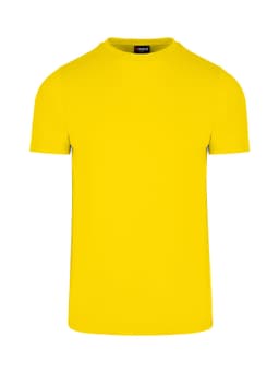 A yellow men's slim fit T-shirt with short sleeves and a brand logo on the neck.