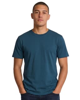 A plain black unisex T-shirt featuring a round neckline and short sleeves, with a logo on the label.