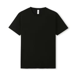 A black unisex T-shirt with short sleeves and a label on the neckline. It has a simple, clean design.
