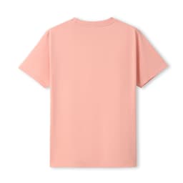 A pink unisex Earth Care T-shirt with short sleeves and a plain back, featuring a logo.