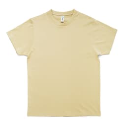 A beige Earth Care T-shirt with short sleeves and a crew neckline, featuring a logo.