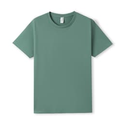 A unisex earth care T-shirt in a soft green colour, featuring a logo on the tag. Short sleeves and a classic fit.