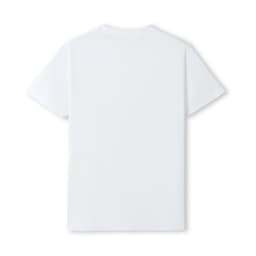 A plain white unisex T-shirt with short sleeves, featuring a logo on the back.