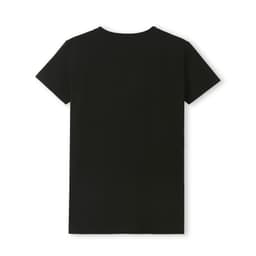 A black women's T-shirt with a fitted design, featuring a plain back and short sleeves.