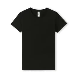 A plain black women's T-shirt featuring a crew neck and short sleeves, with a small label and branding.