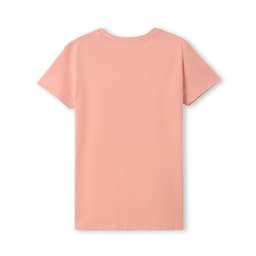 A pink women's T-shirt with a fitted design, featuring a plain back and short sleeves. It includes a logo.