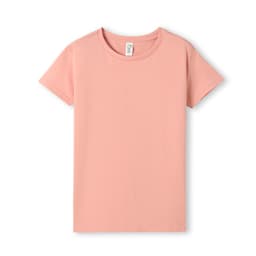 A pink women's T-shirt with a round neck and short sleeves, featuring a logo label.