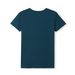 A teal women's T-shirt with a fitted design and short sleeves, featuring a logo on the back.