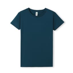 A dark teal women's T-shirt with a round neckline and short sleeves, featuring a logo on the tag.