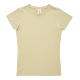 A women's fitted t-shirt in a light beige colour, featuring short sleeves and a round neckline. It has a logo on the label.