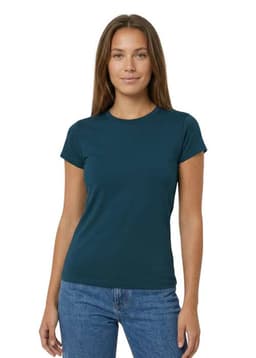 A pink women's T-shirt with a fitted design and a crew neckline. It features a logo on the inner label.