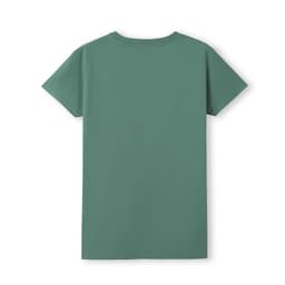 A teal women's T-shirt with a fitted design and short sleeves, featuring branding on the back.