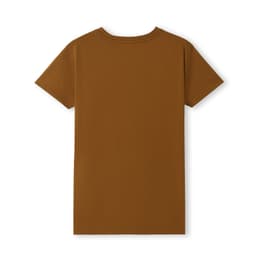 A brown women's T-shirt with a fitted design and short sleeves, featuring a logo on the back.