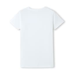 A light blue women's T-shirt with a fitted design and a logo on the back.