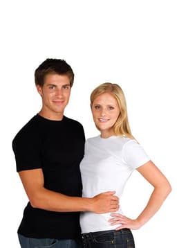 A black and a white women's organic cotton T-shirt displayed on a model and a male model. Both shirts feature logos.
