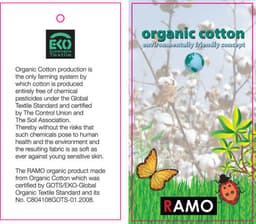 A label featuring information about organic cotton, including sustainability, certification details, and designs of a butterfly and ladybug.
