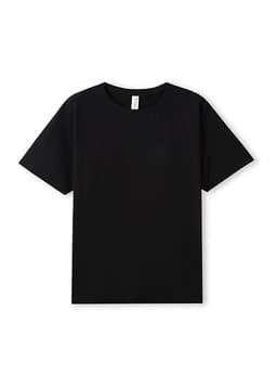 Two models stand together, one wearing a black organic cotton T-shirt and the other in a white organic cotton T-shirt.