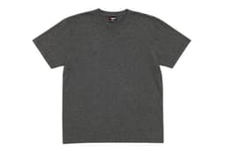 A grey unisex V-neck T-shirt displayed flat, featuring short sleeves and a logo on the label.
