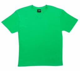 A green unisex V-neck T-shirt displayed flat, featuring short sleeves and a tag inside.