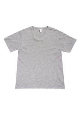 A grey unisex V-neck t-shirt displayed flat, featuring short sleeves and a simple design.