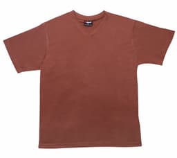 A rust-coloured unisex V-neck T-shirt with short sleeves. It features a label but no visible branding.