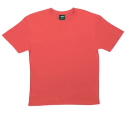 A coral unisex V-neck T-shirt with short sleeves and a brand logo on the label.