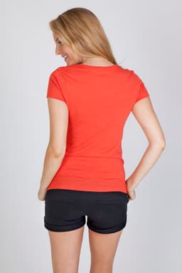 A women's marl V-neck T-shirt in vibrant orange, accompanied by a model wearing black shorts. The shirt features a logo.