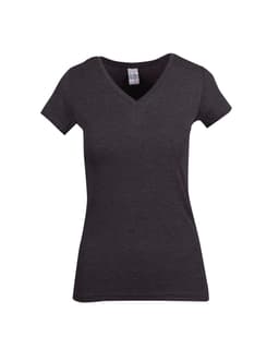 A women's marl v-neck t-shirt in dark grey, featuring short sleeves and a fitted design. It has a logo on the label.