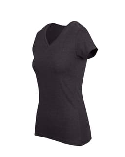 A dark grey women's marl V-neck T-shirt with short sleeves and a fitted silhouette. It features a logo.