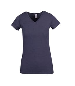 A women's marl V-neck T-shirt in a navy blue colour, featuring short sleeves and a fitted design.