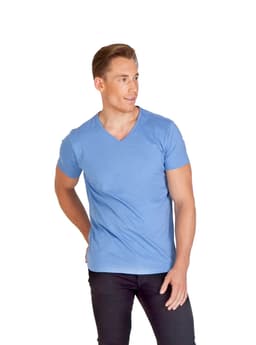 A blue men's marl V-neck T-shirt displayed on a model, paired with dark trousers. The shirt features a logo.