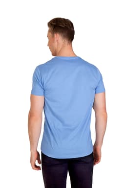 A blue men's marl V-neck T-shirt displayed on a model, featuring a fitted style and short sleeves.