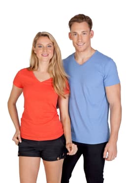A blue men's marl V-neck T-shirt viewed from the back, featuring short sleeves and a fitted design.