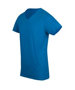 A blue marl v-neck t-shirt featuring short sleeves and a subtle texture. It has a branding logo.