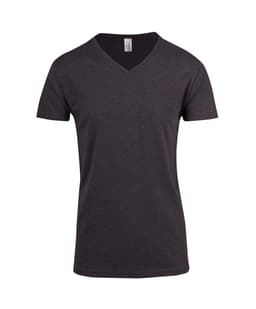A men's marl v-neck t-shirt in a dark grey colour with a logo on the label.