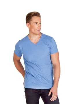 A men's marl V-neck T-shirt in light blue, featuring a fitted style and a branding logo.