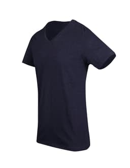 A navy men's marl V-neck T-shirt displayed at an angle, featuring short sleeves and a simple design.