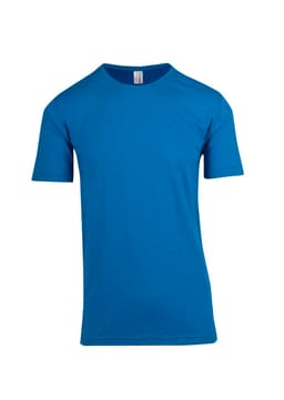 A blue unisex raw cotton wave T-shirt with short sleeves and a simple design, featuring a logo.