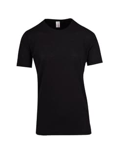 A black unisex T-shirt made from raw cotton, featuring a simple design and a label on the neckline.