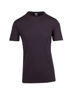A unisex raw cotton T-shirt in a dark, charcoal colour with short sleeves and a round neckline.