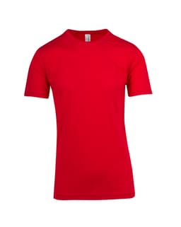 A red unisex raw cotton T-shirt with a classic crew neck and short sleeves, featuring a logo on the label.