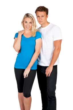 A blue women's Raw Cotton Wave T-shirt is worn by a model, alongside a man in a white t-shirt and black pants.