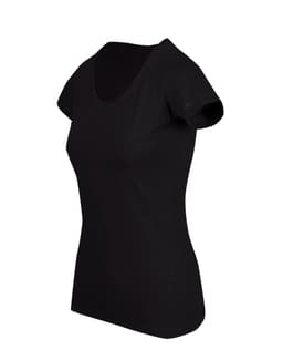 A black women's raw cotton wave T-shirt with a scoop neckline and short sleeves, featuring a logo.