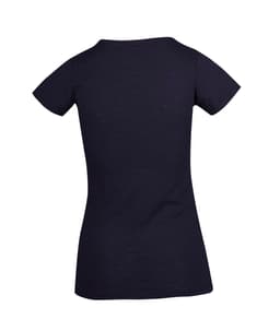 A women's raw cotton wave T-shirt in navy, featuring a fitted design and short sleeves. It has a logo on the back.