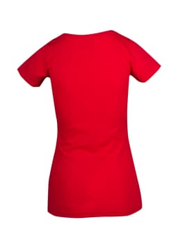 A red women's t-shirt with a fitted design and short sleeves, featuring a logo on the back.