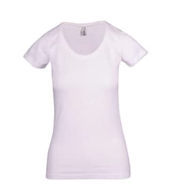 A white women's raw cotton wave T-shirt with a scoop neck and short sleeves, featuring a logo.