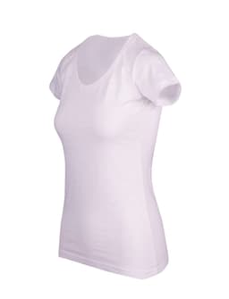 A white women's T-shirt with a scoop neckline and short sleeves, featuring a logo.